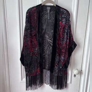 Chicos Travellers Collection Velvet Burnout Fringe Kimono Jacket Black/Red L/XL